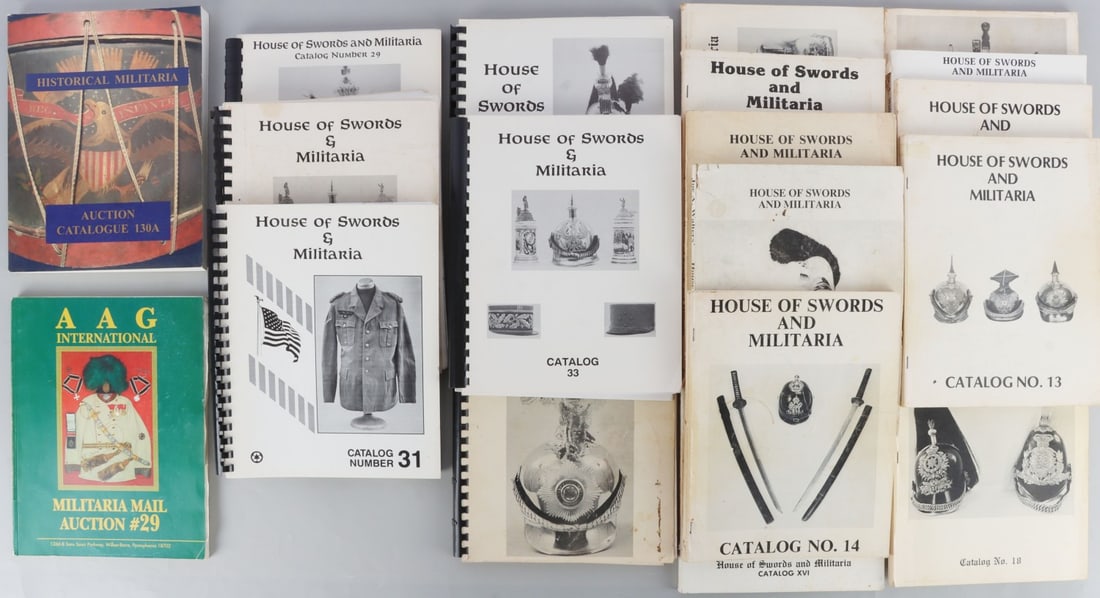 LOT 20 VINTAGE HOUSE OF SWORDS & MILITARIA CATALOG: Lot of TWENTY (20) vintage catalogs. Includes 18 House of Swords & Militaria catalogs as well as AAG International Militaria Mail Auction #29 catalog and Historical Militaria Auction Catalog 130A. Goo