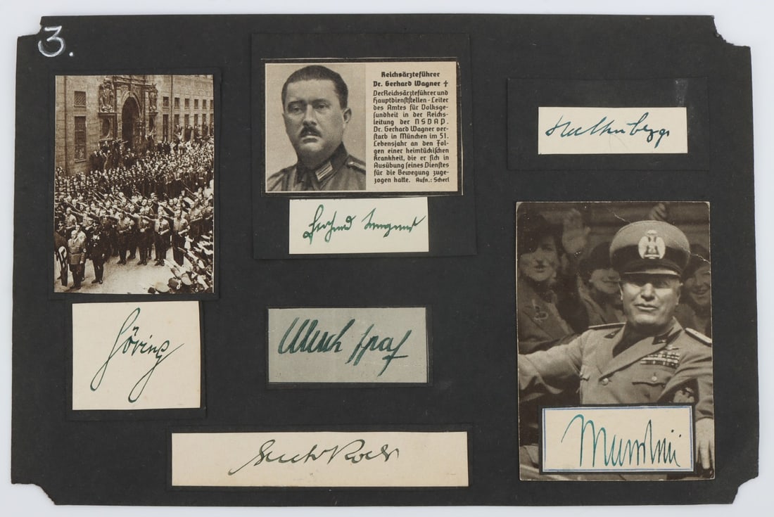 WWII FASCIST LEADERS SIGNATURES GOERING MUSSOLINI: Signatures of the various leaders within the Fascist movement at the heart of the Axis, both Italian and Third Reich. Signatures include Hermann Goering, Benito Mussolini, founder of the Nationalist S