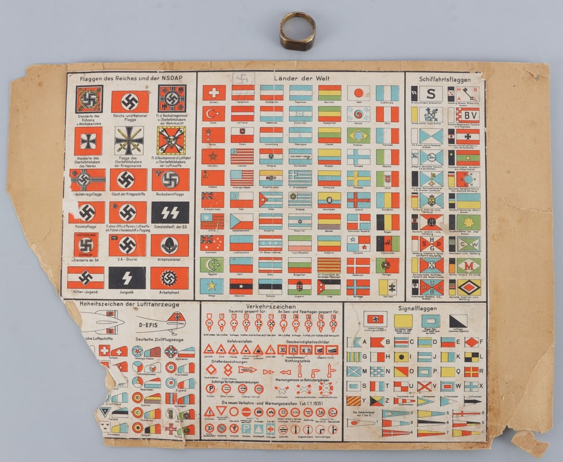 WWII GERMAN FLAG IDENTIFICATION CHART & SS RING: 1) Brass trench art SS ring. Scratched in 'SS' and '1942.' Size 7.5. 2) Flag identification chart, likely post 1940 due to absence of Poland and Denmark being modified with a swastika. 12 X 8.5 inches