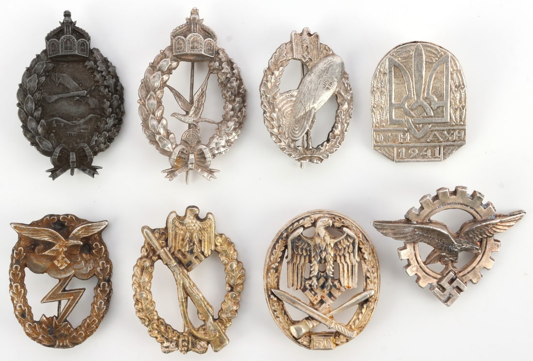 LOT OF 8 WWII GERMAN THIRD REICH BADGES & MEDALS: Lot of EIGHT (8). Luftwaffe Civilian Technician badge, Luftwaffe Ground Assault badge, Army General Assault badge (50 Assaults), Army Balloon Pilot badge, badge of Ukrainian Cossacks, Infantry Assault