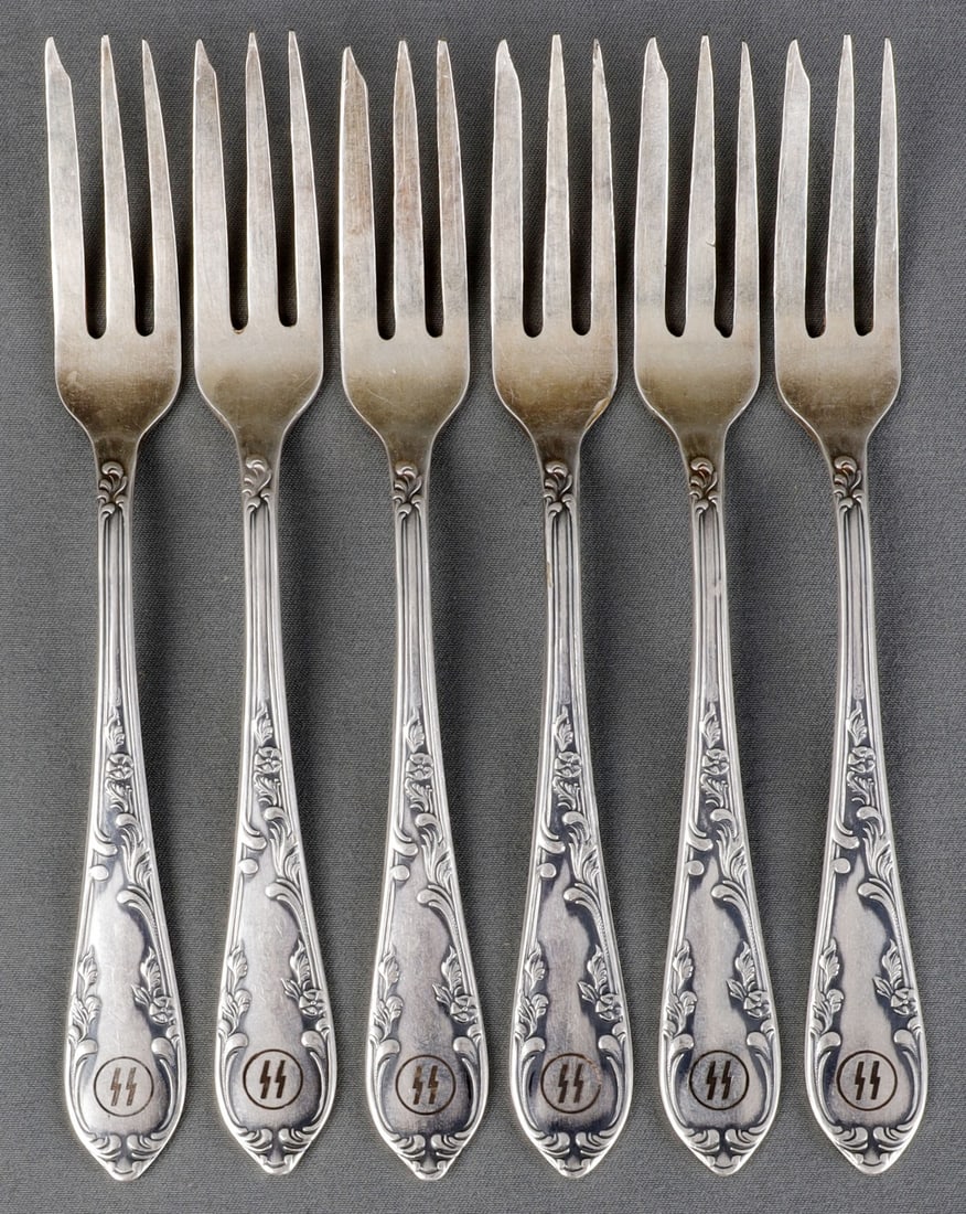 LOT OF 6 WWII GERMAN THIRD REICH SS DESSERT FORKS: Lot of SIX (6) 6-inch dessert forks with an engraved 'SS' on the front. Unauthenticated, sold "as is."