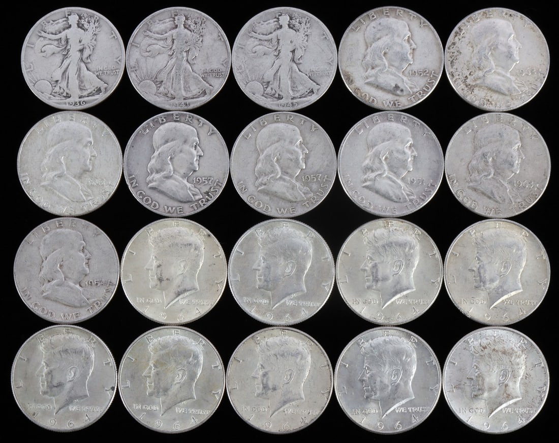$10 FACE VALUE 90% SILVER HALF DOLLAR COIN LOT: From circulation. Mix of Walkers, Franklin and Kennedy halves. This lot has a reserve.