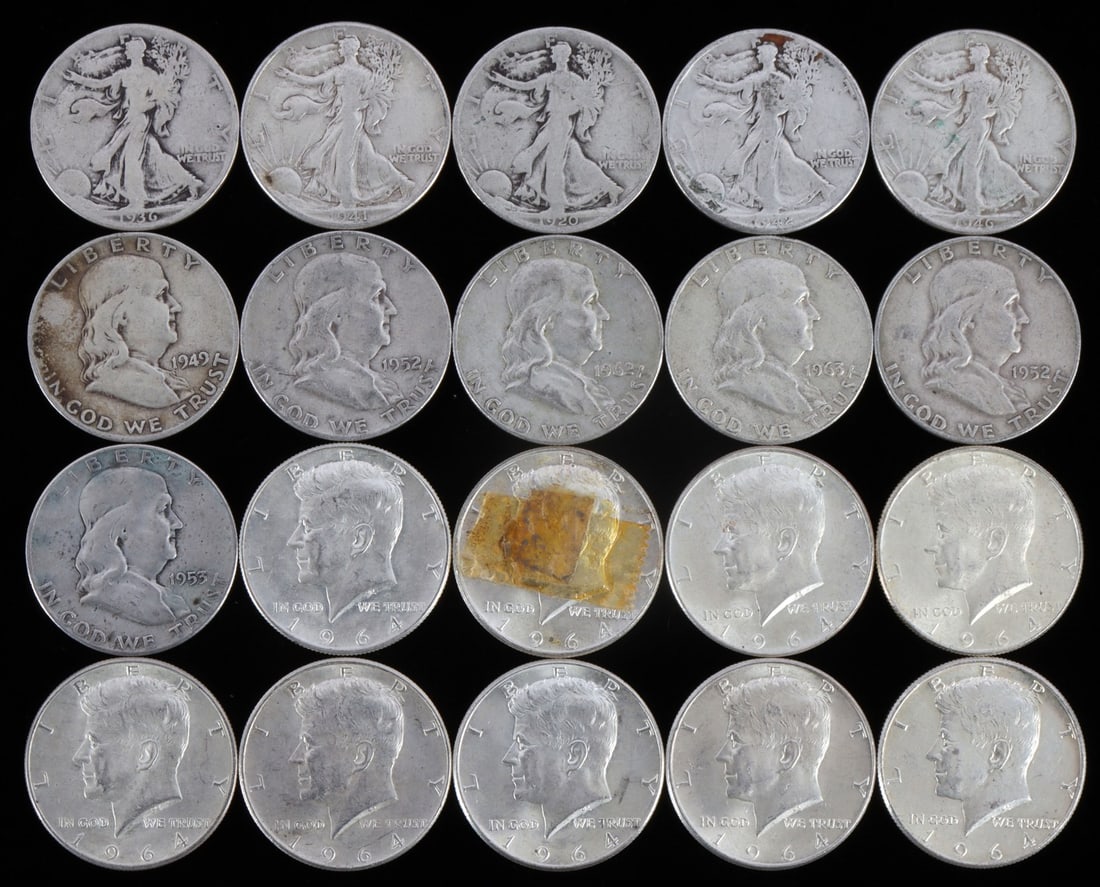 $10 FACE VALUE 90% SILVER HALF DOLLAR COIN LOT: From circulation. Mix of Walker, Franklin and Kennedy halves. This lot has a reserve.