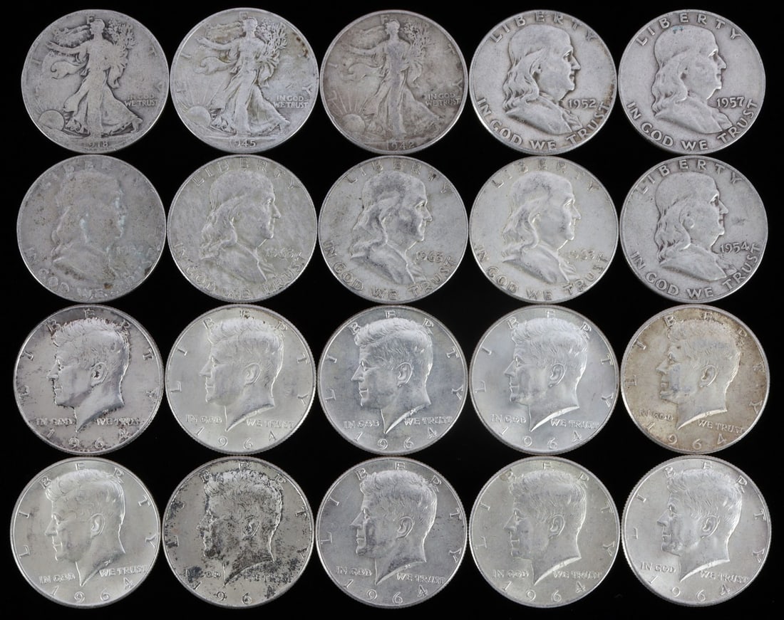 $10 FACE VALUE 90% SILVER HALF DOLLAR COIN LOT: From circulation, mix of Walker, Franklin and Kennedy halves. This lot has a reserve.