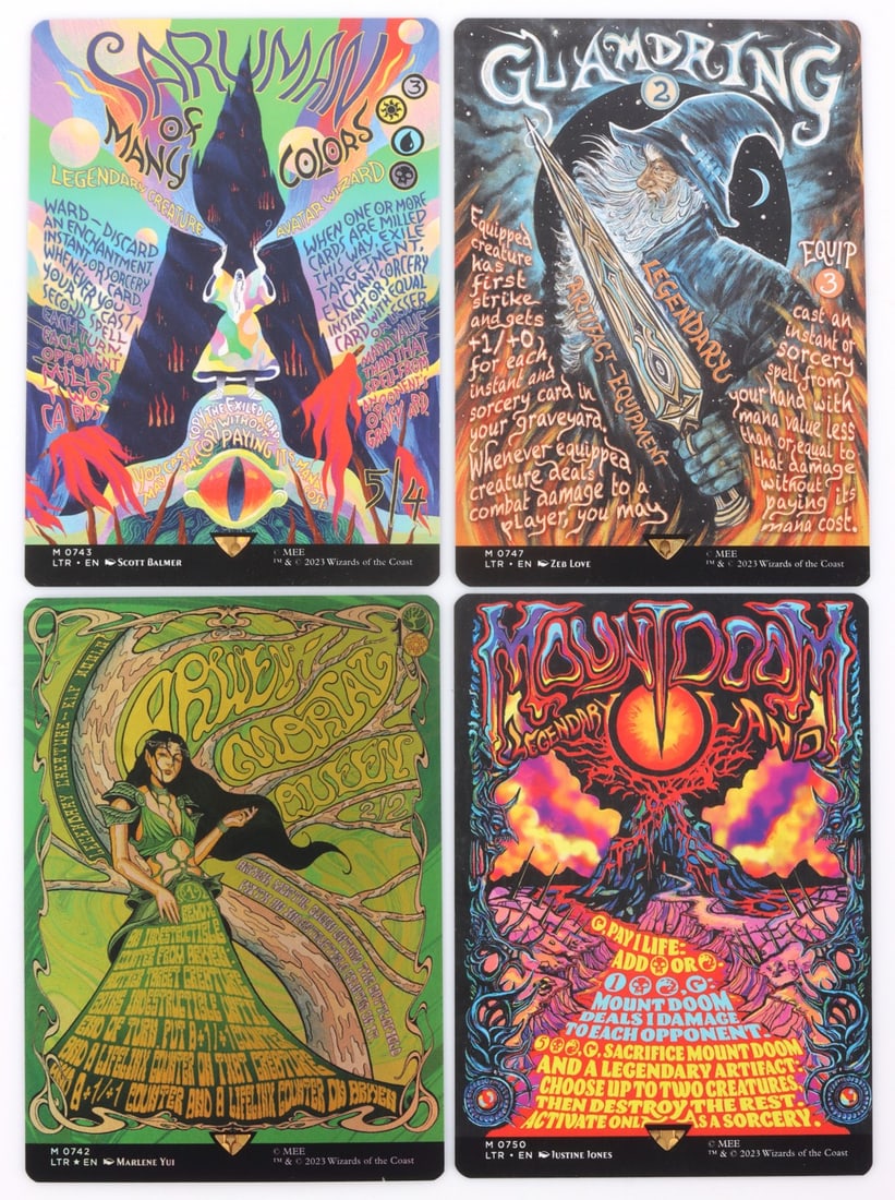 MAGIC THE GATHERING LORD OF THE RINGS POSTER CARDS: Lot of FOUR (4) Magic the Gathering Cards from Universes Beyond: Lord of the Rings in the borderless poster format. The cards included are: Arwen, Mortal Queen; Saruman of Many Colors; Mount Doom; and