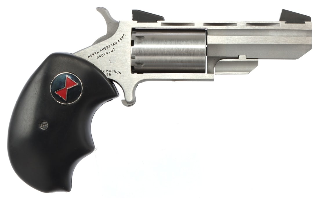NORTH AMERICAN ARMS BLACK WIDOW .22 MAG REVOLVER: New in box North American Arms single-action spur trigger revolver. 2-inch barrel. Model: BW / NAA-BWM. FFL required for transfer. No international shipping. Know your state's firearm laws before bidd