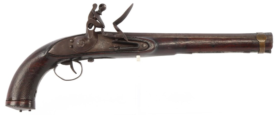 ANTIQUE DECORATED .50 CAL FLINTLOCK PISTOL: 19th century handmade and decorated flintlock pistol. Wood stock with checkered grip, brass barrel band, iron ramrod and butt cap. Heavy iron octagon barrel with flared muzzle and silver inlay at both