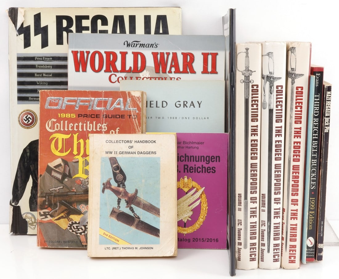 BOOK LOT 13 EDGED WEAPONS OF THIRD REICH + MORE: Lot of THIRTEEN (13) includes the first THREE (3) volumes of "Collecting the Edged Weapons of the Third Reich" (two are signed by author), and TEN (10) vintage militaria collectibles (mostly German WW