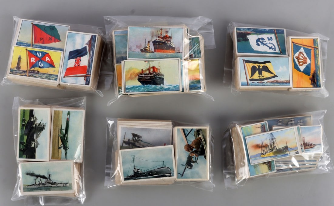 WWII THIRD REICH KRIEGSMARINE TOBACCO CARDS 1600+: 1,646 cigarette cards for the Kriegsmarine, merchant fleet, flags of the world, and foreign navies. German language, produced during the Third Reich. In very good, original condition.