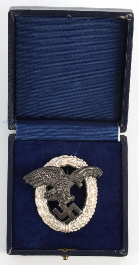 WWII GERMAN LUFTWAFFE PILOT OBSERVER BADGE: Maker stamped GWL for Gebruder Wegerhoff Ludenscheid, made of Tombac with especially nice silvered wreath. With box, very good original condition. This lot has a reserve.