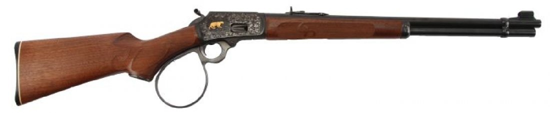 HAND ENGRAVED MARLIN 1894S LARGE LOOP LEVER SIGNED: Exceptional custom hand engraved Marlin 1894S saddle ring large loop lever carbine, in .44 Rem Mag. Right side of receiver features meticulously detailed floral scroll engraving bordering a woodland s