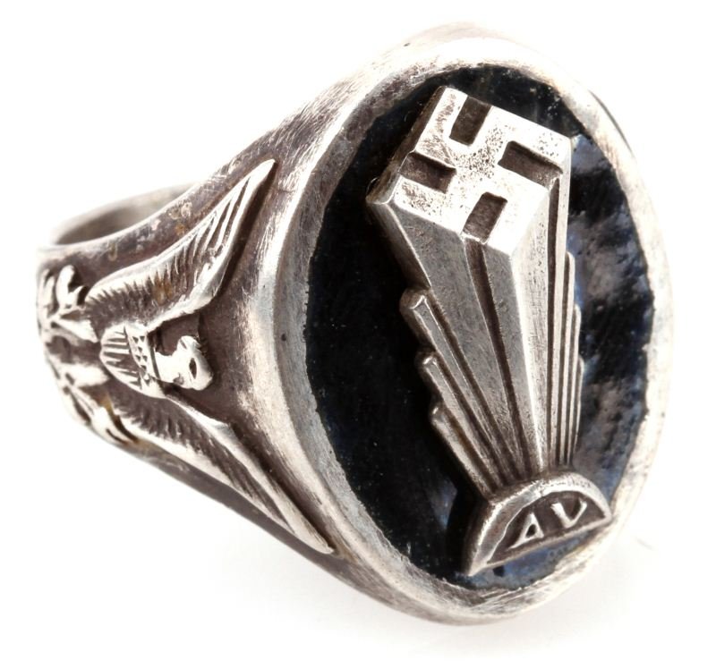WWII GERMAN AMERICAN BUND SILVER RING: Amerikadeutscher Volksbund silver ring with art deco towering swastika over letters "A V" flanked by American eagles. Inside marked "835" silver, weighs 12.3 grams, size 8.5. Overall in very good cond