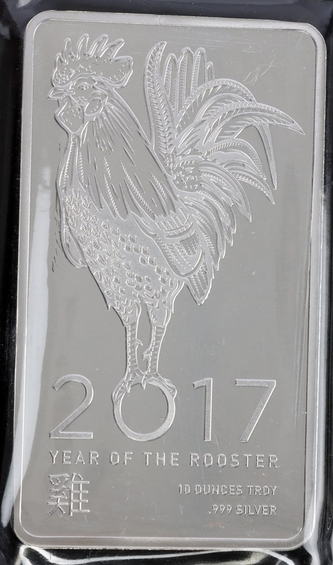 2027 ROOSTER YEAR 10 OZT OUNCE 999 FINE SILVER BAR: Electronically tested, refinery bar. This lot reserved at melt.