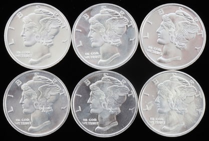 LOT OF 6 ONE OUNCE 999 FINE SILVER BULLION ROUNDS