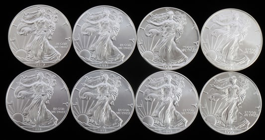 8 MIX DATE 1 OZT OUNCE SILVER AMERICAN BU COIN LOT
