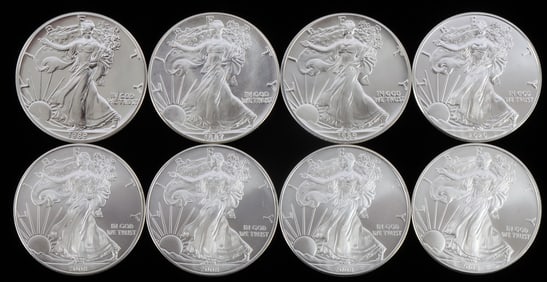 8 MIX DATE 1 OZT OUNCE SILVER AMERICAN BU COIN LOT