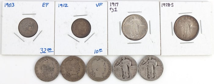 7 STANDING LIBERTY QUARTER 2 BARBER DIME COIN LOT