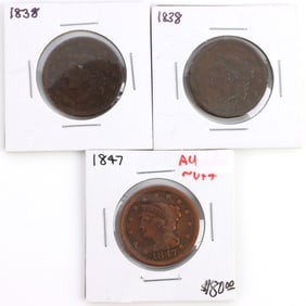 U.S. LARGE CENT LOT OF 3 1847 AU & 2 1838 VG & F