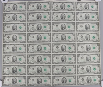 UNCUT SHEET OF 32 1976 $2.00 BILL BANKNOTE