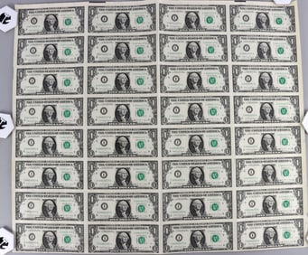 UNCUT SHEET OF 32 1988 $1.00 BILL BANKNOTES