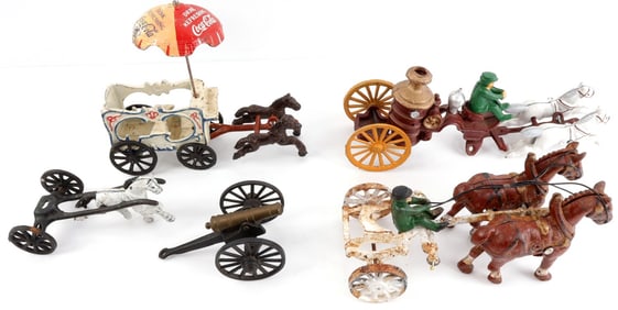 LOT OF 6 CAST IRON TOYS FIRE ENGINE HORSE CANNON