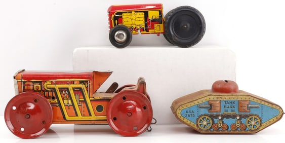 LOT OF 3 LITHOGRAPHED TIN TOYS TANK BANK TRACTOR