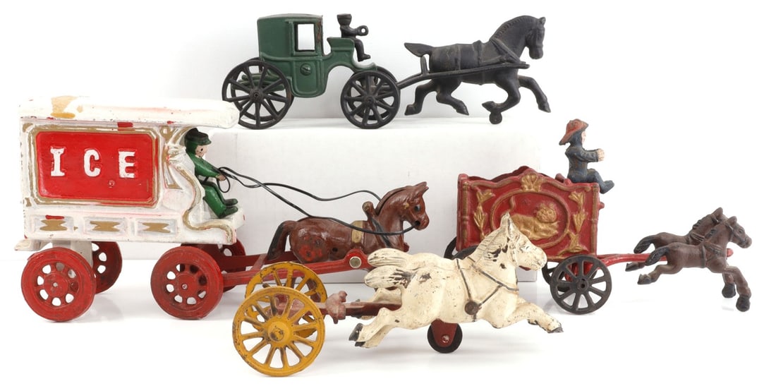 LOT OF 3 VINTAGE CAST IRON BACK TO BACK CARRIAGE: Lot of THREE (3). Antique late 19th century to early 20th century cast iron carriage, possibly produced by Dent Hardware Co. Lot includes 3 horse drawn carriages and 1 pair of horses. Ranging from 6 t