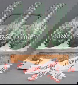 ALUMINUM COCA COLA 6 PACK CARRIER & EMPTY BOTTLES