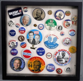 CASED LOT OF 38 US POLITICAL BUTTONS 1896-2004