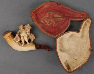 MEERSCHAUM PIPE WITH A CARVING OF A YOUTH IN CASE