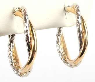 14K TWO TONE HOOP EARRINGS 1 INCH