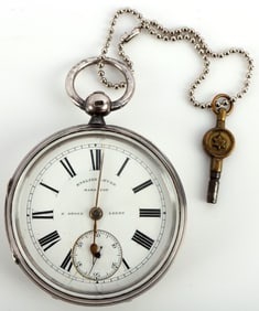 H STONE KEY WIND POCKET WATCH STERLING CASE