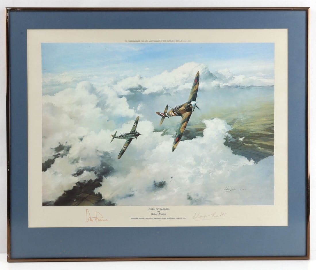 ROBERT TAYLOR WWII BATTLE OF BRITAIN PRINT SIGNED: Robert Taylor print of the "Duel of Eagles," RAF Supermarine Spitfire in combat against German Messerschmitt Bf 109. Signed by pilots Douglas Bader and Adolf Gallad. Approx. 24 X 20 inches (framed). V