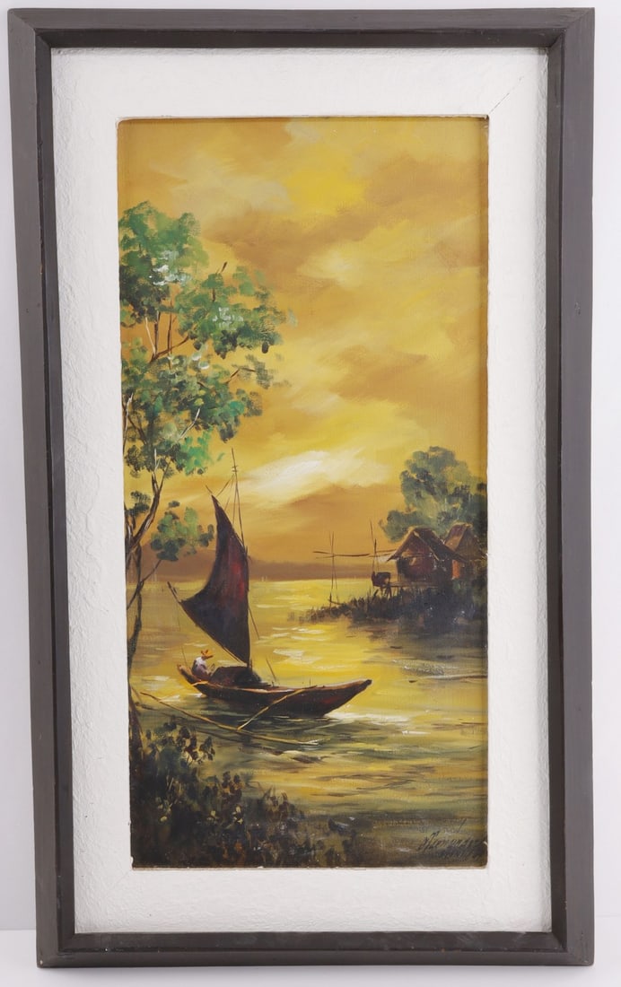 DIDI FERNANDEZ MID CENTURY FILIPINO PAINTING: Didi Fernandez, signed. Mid-century painting of the Filipino landscape. Artist is well-known. 30 X 18 inches (framed). Very good overall condition.