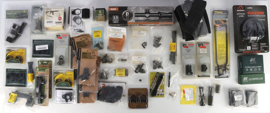 LOT OF 65 AR-15 PARTS COMPONENTS & ACCESSORIES: Dealers lot of more than sixty-five (65) pieces AR-15 components and accessories. Includes 12 magazines, 7 triggers (ALG Combat Trigger, AR-Stoner Enhanced), 9 iron sights, Bushnell AR/223 Riflescope