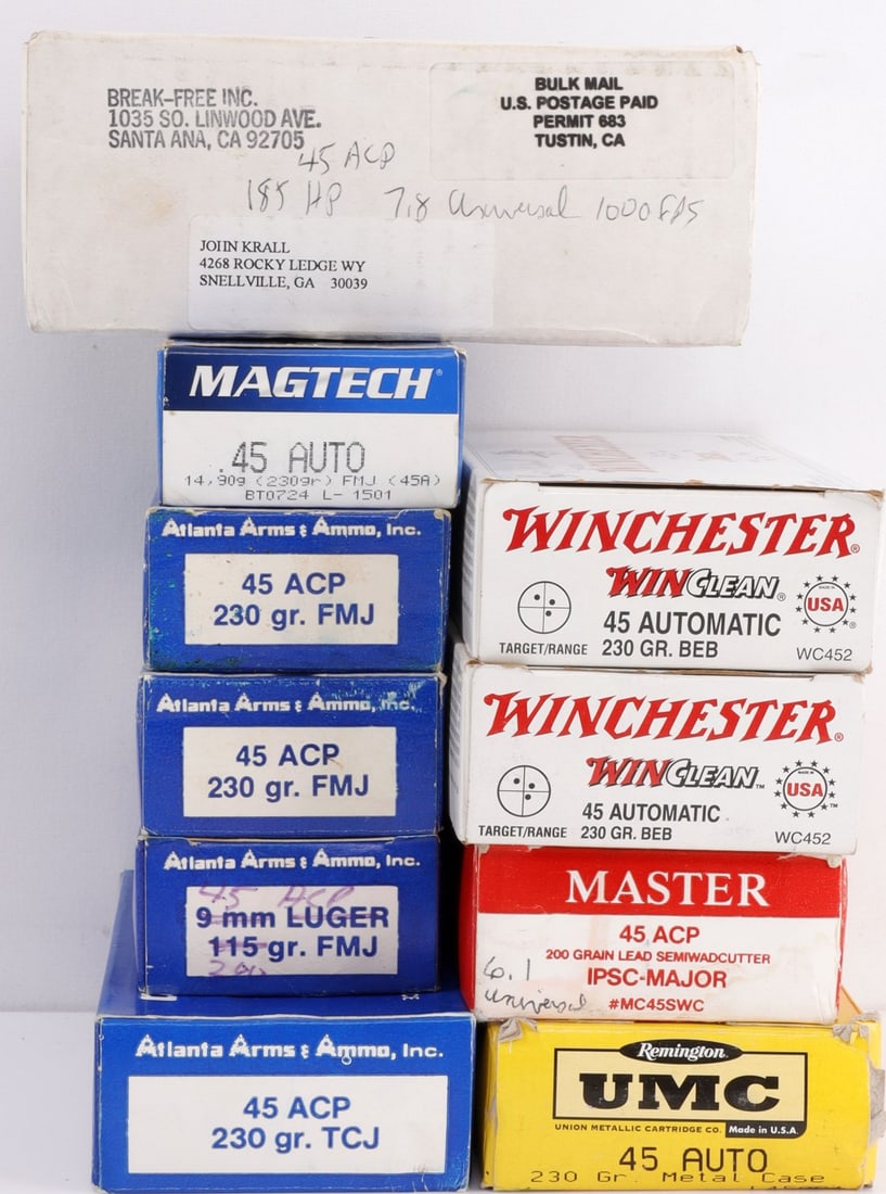 APPROX 550 RDS .45 ACP RELOADS PISTOL AMMUNITION: Lot of approx. 550 rounds reloaded .45 ACP centerfire pistol ammunition. No international shipping. Know your state laws prior to bidding.