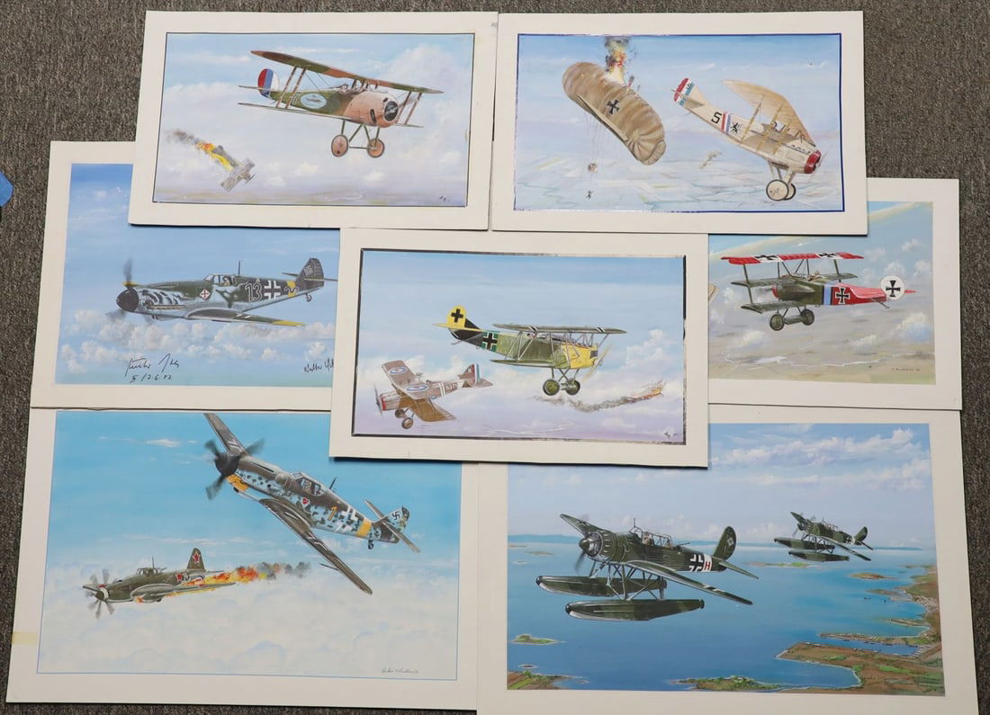 LOT 7 MCLACHEN MIXED GERMAN LUFTWAFFE PAINTINGS: Lot of SEVEN (7) Archie McLachen painted panels of WWII German Luftwaffe fighters. 1) German WWI Roden 010 in action. 2) WWI French S807 in action. 3) French Nieuport 28 shooting down German fighter.