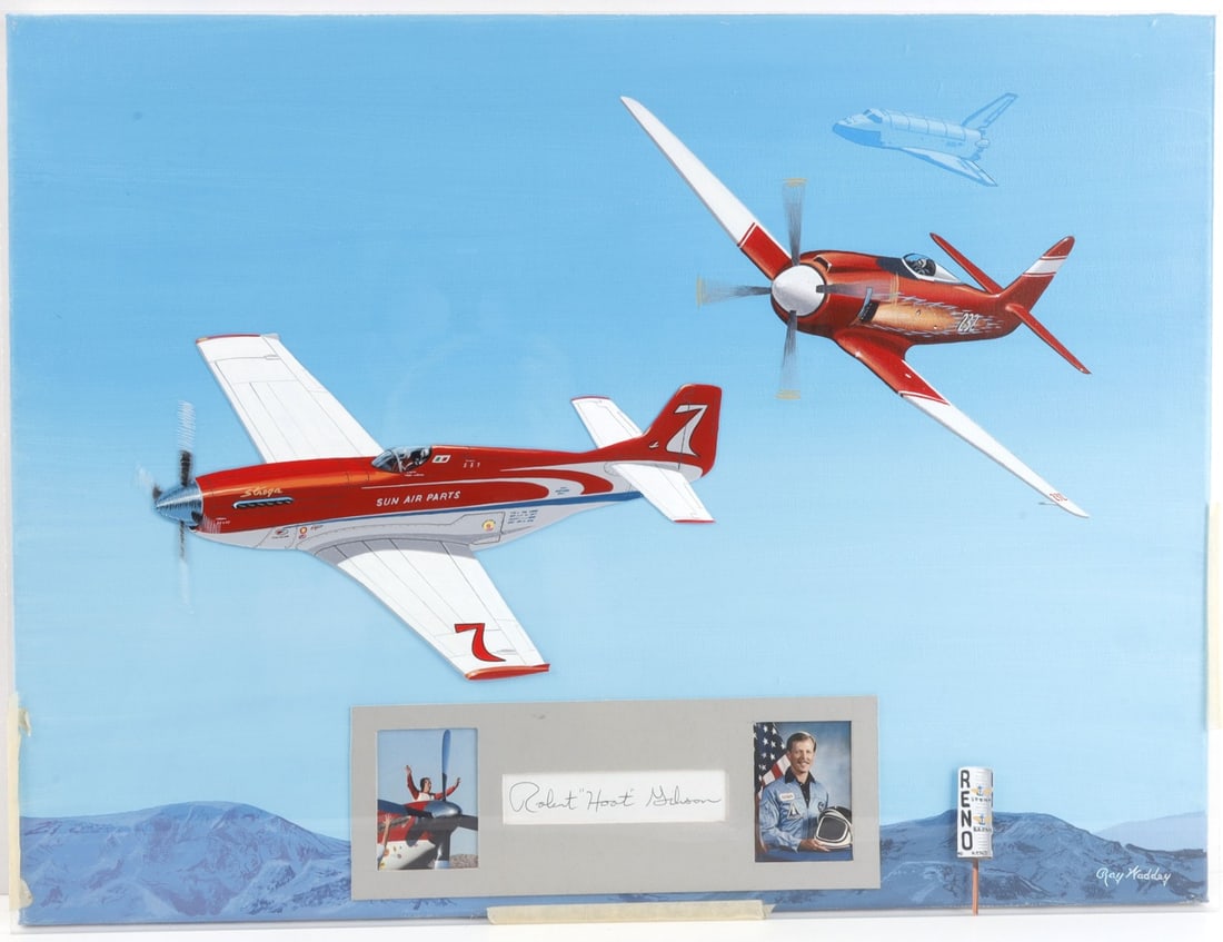 PAINTING OF SPACE & AIRCRAFT HOOT GIBSON SIGNED: Painting of the two planes and single shuttle flown by Robert 'Hoot' Gibson, American pilot and astronaut. 24.25 X 18.25 inches. Very good, original condition.