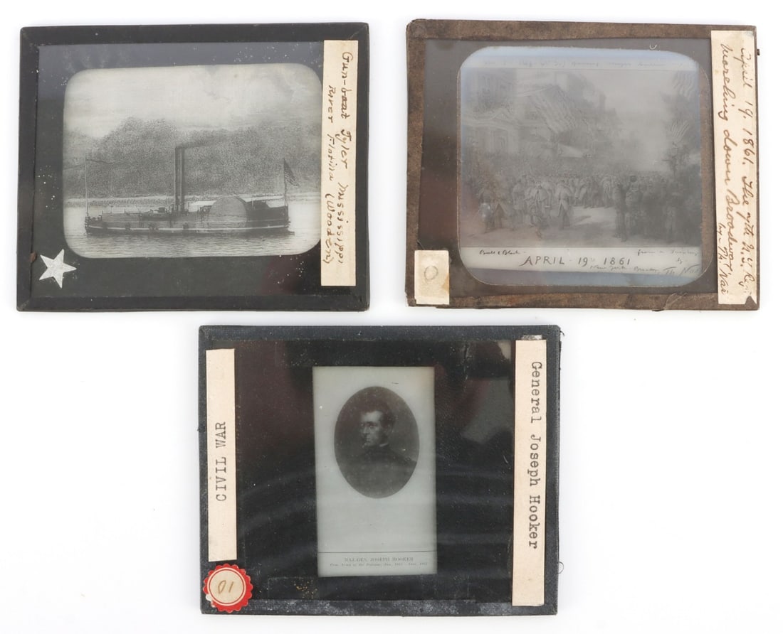 LOT OF 3 CIVIL WAR MAGIC LANTERN SLIDE THOMAS NAST: Lot of THREE (3) magic lantern slides (3.25 X 4 inches). Includes Thomas Nast, "Departure of the 7th Regiment," engraving of the USS Tyler gunboat on the Mississippi and a photograph portrait of Gener