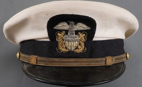 WWII NAMED US NAVY OFFICERS VISOR CAP BY BANCROFT