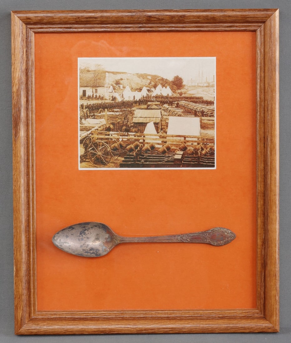 CIVIL WAR RELIC OFFICERS TEASPOON CITY POINT VA: Civil War relic spoon mounted in high quality display. Dug in Officer's Row at City Point, Virginia, General Grant's supply depot during the siege of Petersburg. Acquired from Billy Yank, Worcester, M