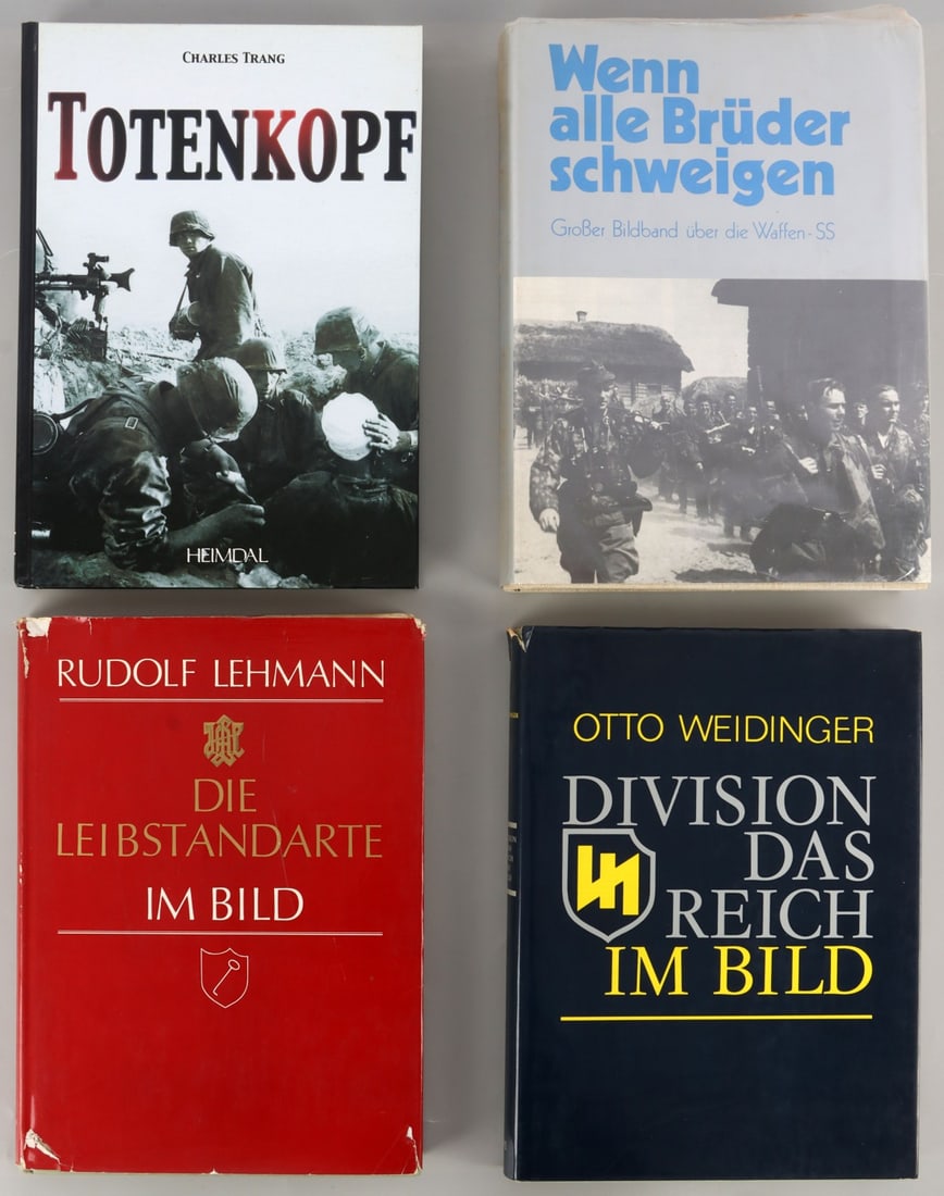LOT OF 4 PHOTOGRAPHIC HISTORIES OF THE WAFFEN-SS: Lot of FOUR (4). 1) Division Das Reich im Bild by Otto Weidinger. 2) 3) Die Leibstandarte im Bild by Rudolf Lehmann. 4) Wenn alle Bruder schweigen by unknown. Two of the books were written by former S