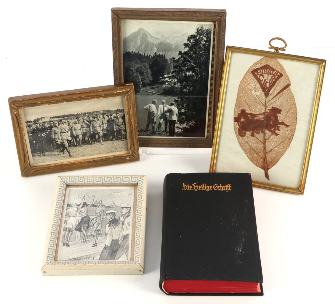 5 PC LOT 4 GERMAN WWII ERA PHOTOS & 1 1925 BIBLE: Lot of FIVE (5) items includes FOUR (4) framed German WWII-era photographs and ONE (1) 1925 printing of 'Die Heilige Schrift' ('The Holy Scriptures'). Framed photos range from 5.5 X 4.5 inches to 7.75