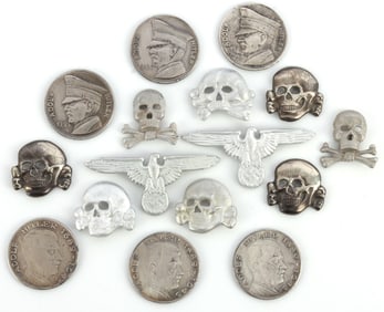 LOT OF 16 WWII GERMAN REICH VISOR PINS & COINS