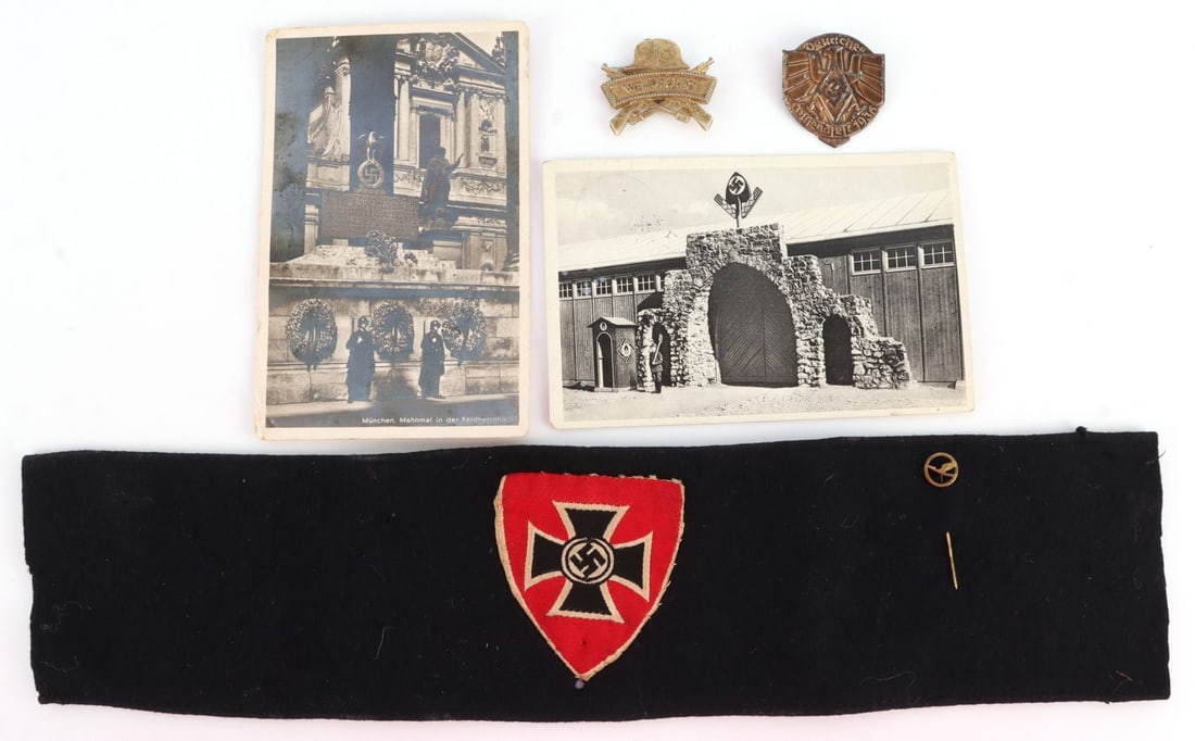 LOT 5 GERMAN WWII ERA MILITARY ITEMS HJ WEHRFAHIG: Lot of FIVE (5) includes: ONE (1) Reichskriegerbund armband with gold-toned Lufthansa Airlines lapel pin (15 X 3.5 inches, no fluorescing, no mothing, but some pin holes are present), ONE (1) Hitler Y