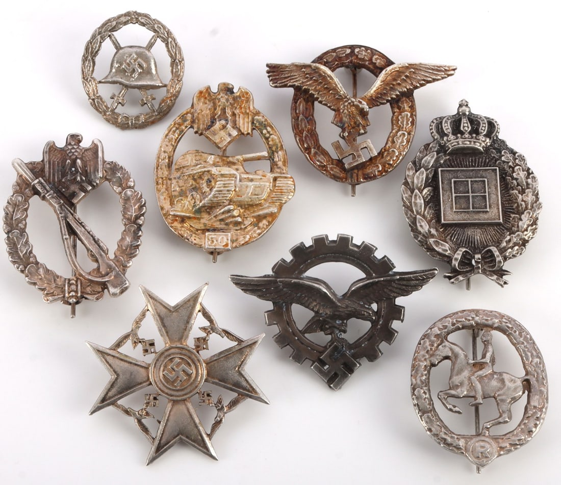 LOT OF 8 WWII GERMAN THIRD REICH BADGE LOT: Lot of EIGHT (8). A nice selection of Third Reich badges and medals. 1) Luftwaffe pilot badge. 2) Army Tank Assault (50) badge. 3) Infantry Assault badge. 4) Spanish Cross. 5) Horsemanship badge. 6) W