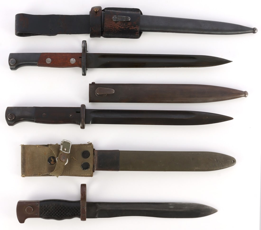 LOT OF 3 WWII GERMAN SPANISH MAUSER BAYONETS: Lot of THREE (3) bayonets for M48 and M16 Mausers. 1) Spanish bayonet Mauser. 2) 1 German Mausers for M48, 98K. 3) Russian Mauser bayonet for M48, 98K, marked with maker. Blade length ranges from 8.75