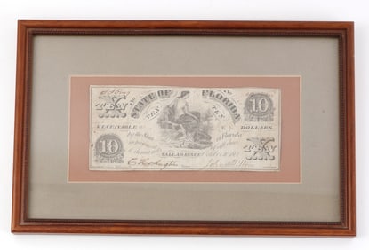 STATE OF FLORIDA CONFEDERATE 1861 $10 NOTE FRAMED