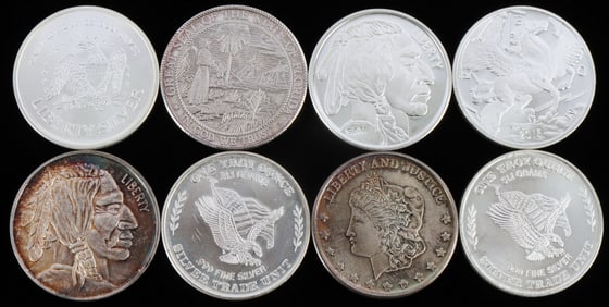 LOT OF 8 SILVER BULLION ROUNDS .999 FINE