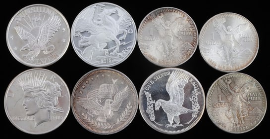 LOT OF 8 SILVER BULLION ROUNDS .999 FINE